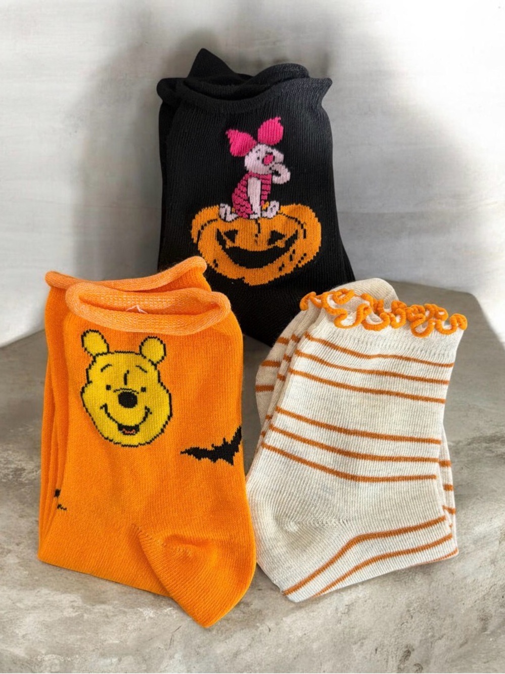 Disney Halloween Ankle Socks - Pumpkin, Winnie the Pooh & Striped Set 3 Pair